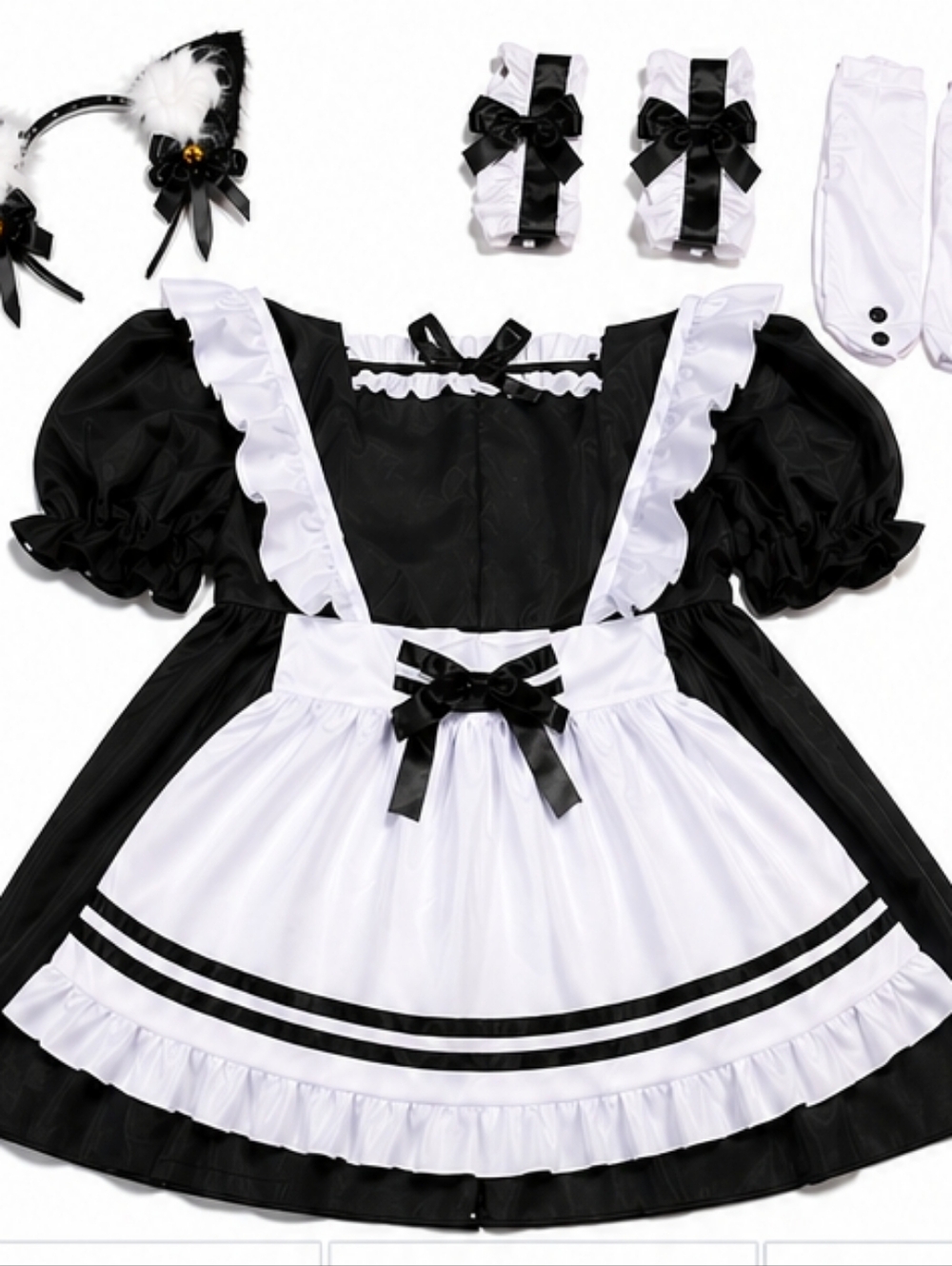 3X Maid Cosplay Costume Set Black White Dress Apron Cat Ears Anime